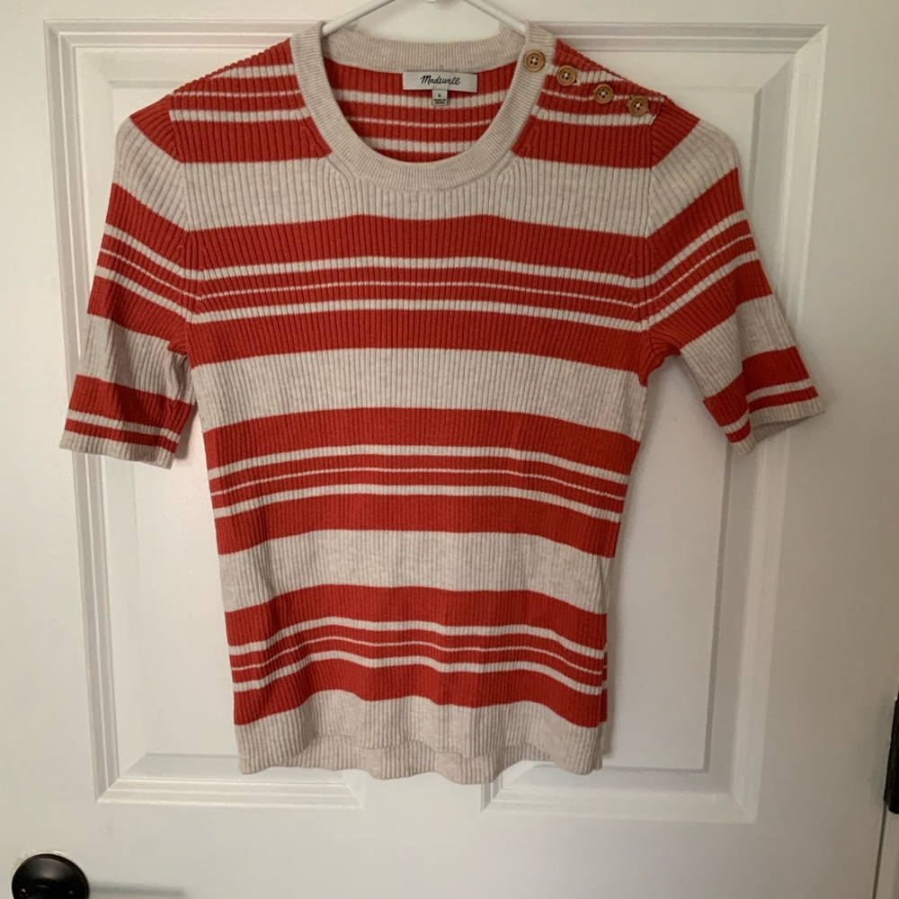 Madewell Orange Striped Elbow Sleeve Knit Sweater with Button Detail, Size Small